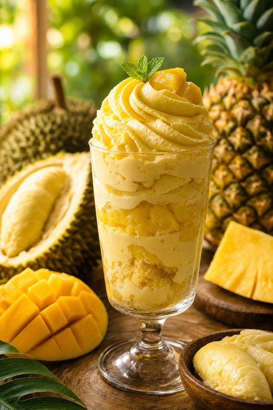 Creamy durian whipped cream dessert in a glass with tropical fruits