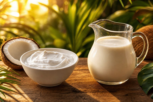 Coconut cream in white bowl next to dairy heavy cream pitcher on tropical wooden table with golden hour sunlight