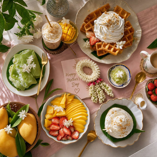 Mother's Day brunch spread with homemade whipped cream, pandan crepes, waffles, and tropical fruits