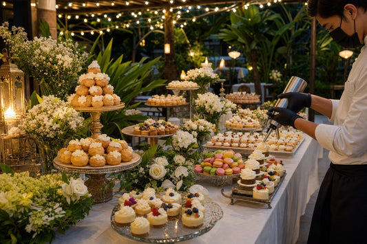 Elegant wedding dessert bar with cream dispenser and whipped cream decorations in a tropical garden venue