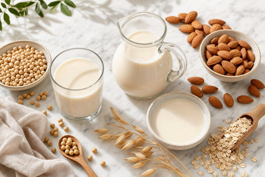 Soy milk, almond milk, and oat milk for plant-based whipped cream