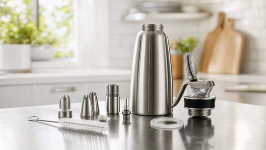 Disassembled stainless steel cream whipper with parts laid out for cleaning and maintenance