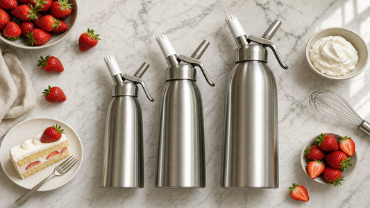 Three stainless steel cream whippers in different sizes on a marble countertop with strawberries and whipped cream