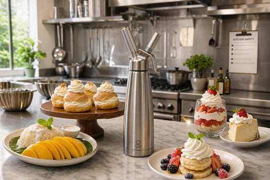 Stainless steel cream whipper dispenser surrounded by Thai desserts and whipped cream treats on a marble kitchen countertop
