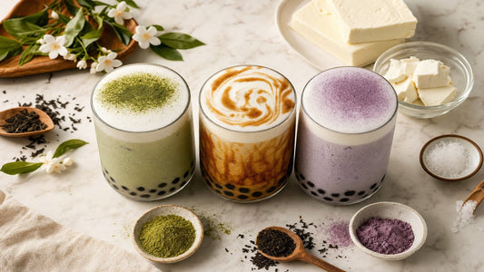 Three glasses of bubble tea topped with cheese foam — matcha, brown sugar, and taro — on marble surface
