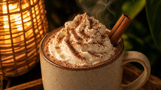 Hot chocolate with whipped cream topping in a Southeast Asian café setting