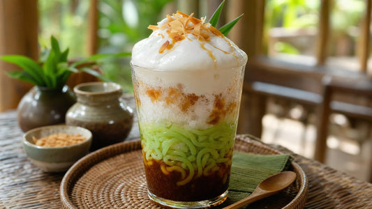 Layered chendol bingsu dessert with whipped coconut cream cap in a tall glass