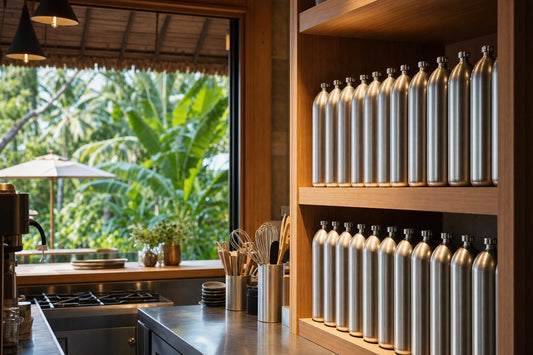 N2O cream charger cylinders safely stored on a kitchen shelf with tropical view