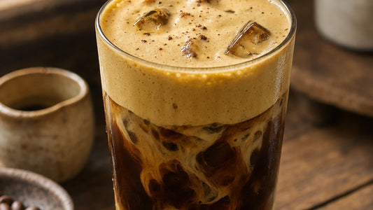 Iced Vietnamese egg coffee with thick golden egg foam in a clear glass