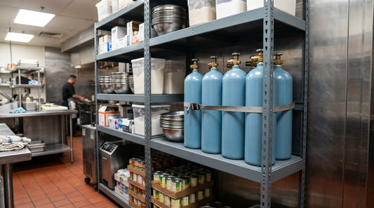 Commercial kitchen storage with large N2O cream charger cylinders on industrial shelving