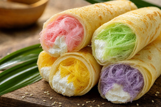 Colourful Thai Roti Sai Mai cream rolls with pink, green, yellow and purple cotton candy floss and whipped cream filling