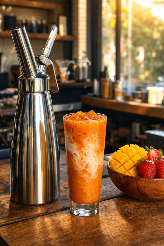 Stainless steel cream dispenser beside Thai milk tea and fresh mango on a café counter