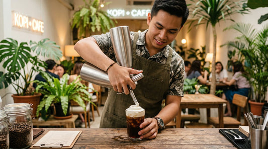 Barista dispensing cream foam onto iced cold brew coffee at a tropical café counter