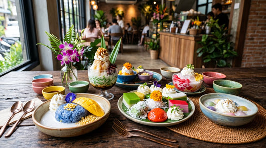 Vibrant Southeast Asian premium dessert spread at a modern Bangkok cafe with Thai and Malaysian sweets and whipped cream