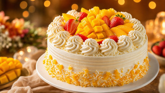Beautifully decorated birthday cake with whipped cream rosettes and tropical fruit garnish