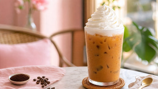 Perfectly whipped cream swirl on top of an iced coffee in a Thai café setting