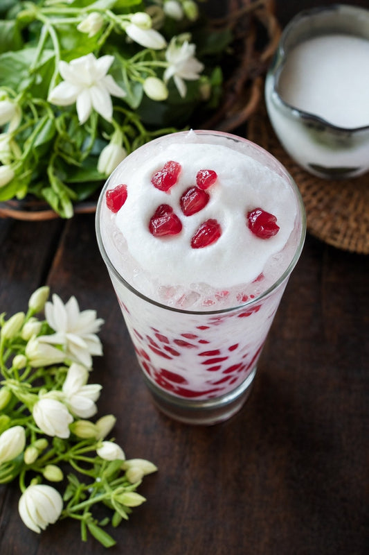 Tab Tim Krob Cream Float – ruby water chestnuts in coconut milk topped with coconut cream foam, served in a tall glass with jasmine flowers