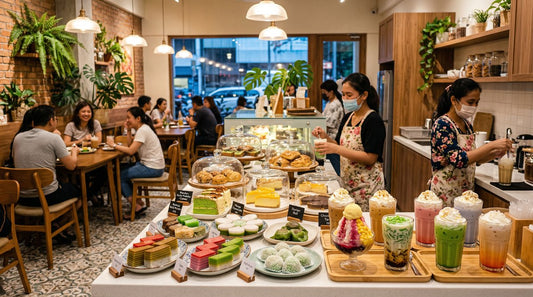 Vibrant Malaysian dessert shop interior with colorful desserts and cream-topped drinks on display