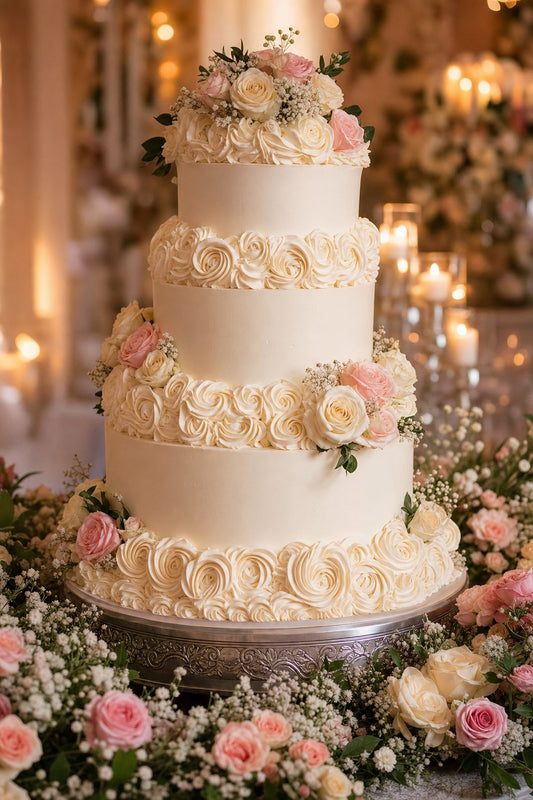 Elegant multi-tier wedding cake with whipped cream rosettes and fresh flowers