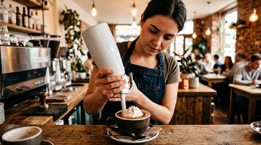 Professional barista using a cream dispenser to create whipped cream art on a coffee drink in a modern cafe