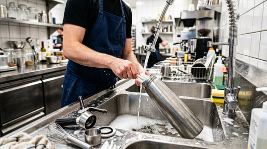 Cleaning a stainless steel whipped cream dispenser at a professional kitchen sink