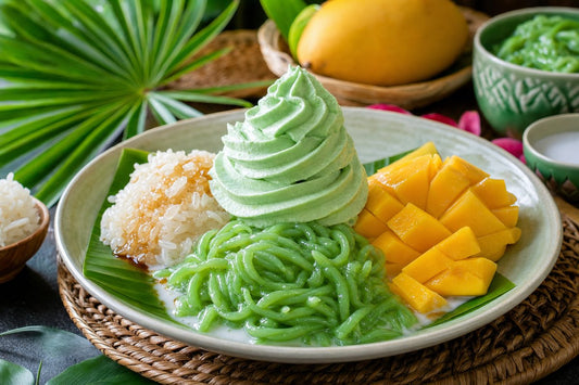 Pandan whipped cream swirl on Southeast Asian desserts including cendol, sticky rice and mango