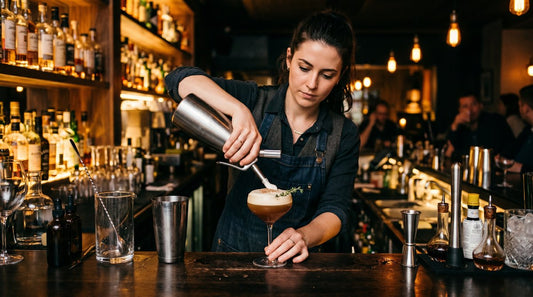 Professional bartender topping a cocktail with foam using a cream dispenser at a moody bar