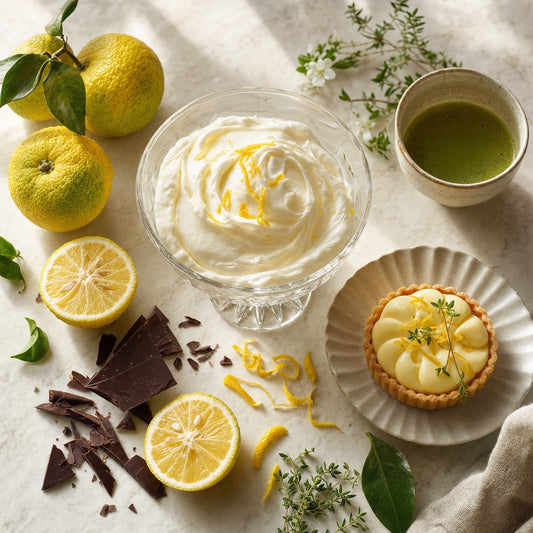 Yuzu whipped cream in a glass bowl with fresh yuzu citrus, matcha, and tart, styled as a modern Asian dessert flat lay