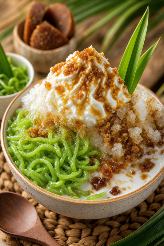 Iced cendol dessert with pandan jelly and freshly whipped cream topping